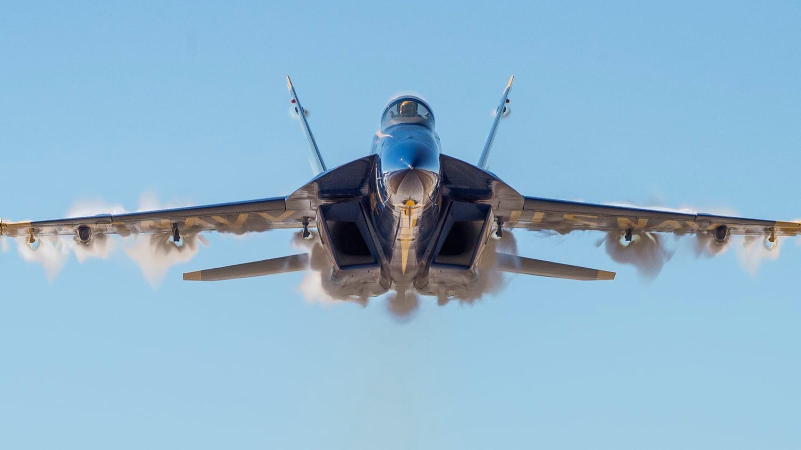 U.S. Navy Blue Angels F/A-18 Super Hornet head-on in flight