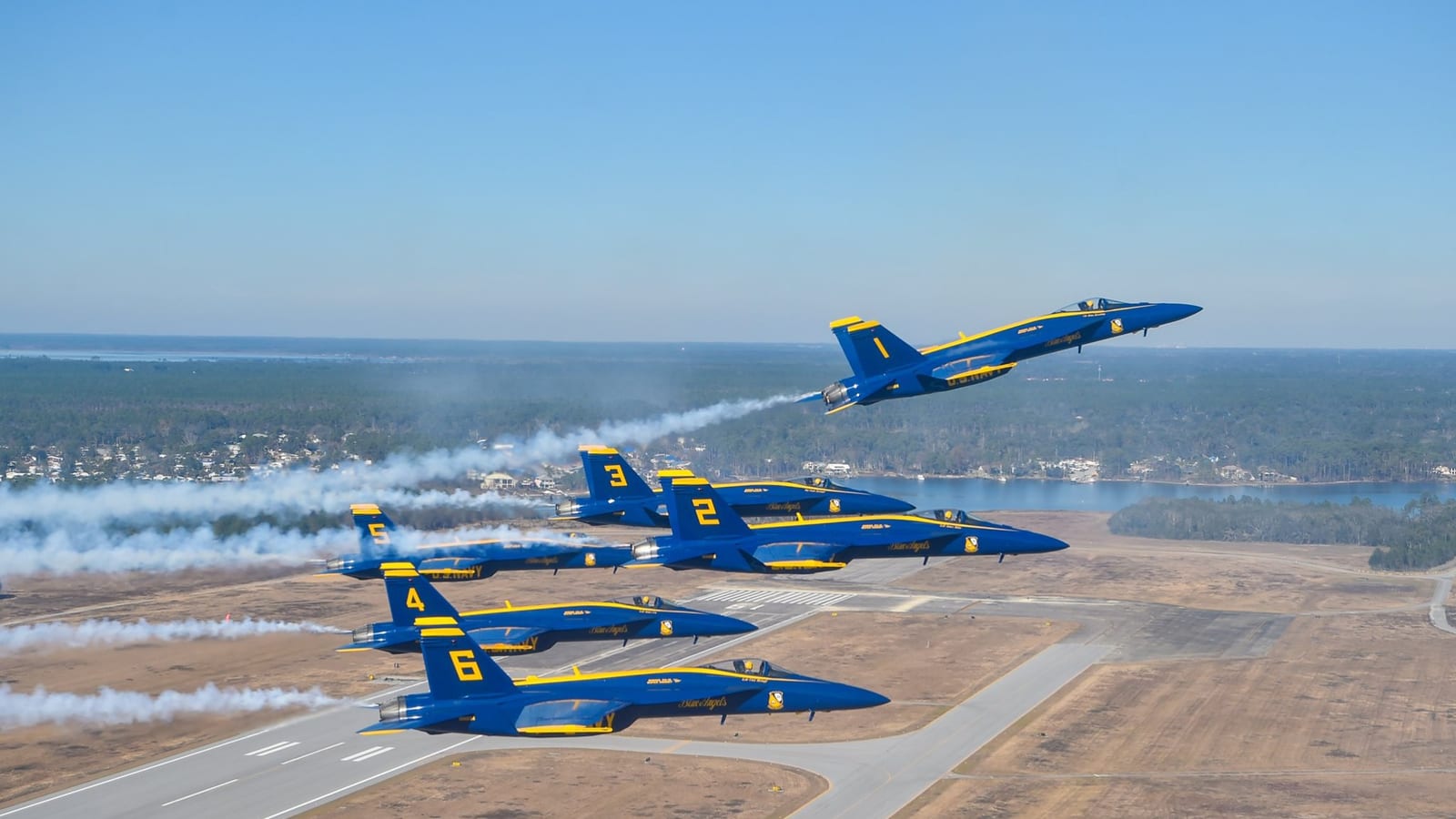 The U.S. Navy Blue Angels flying in Delta formation over Naval Air Station Pensacola