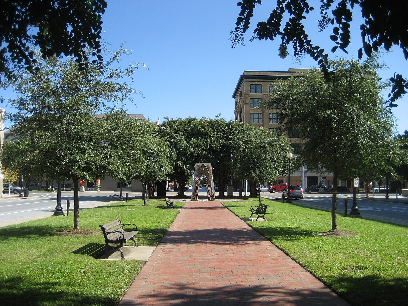 Park, monument, and oak trees along the Palafox corridor in downtown Pensacola