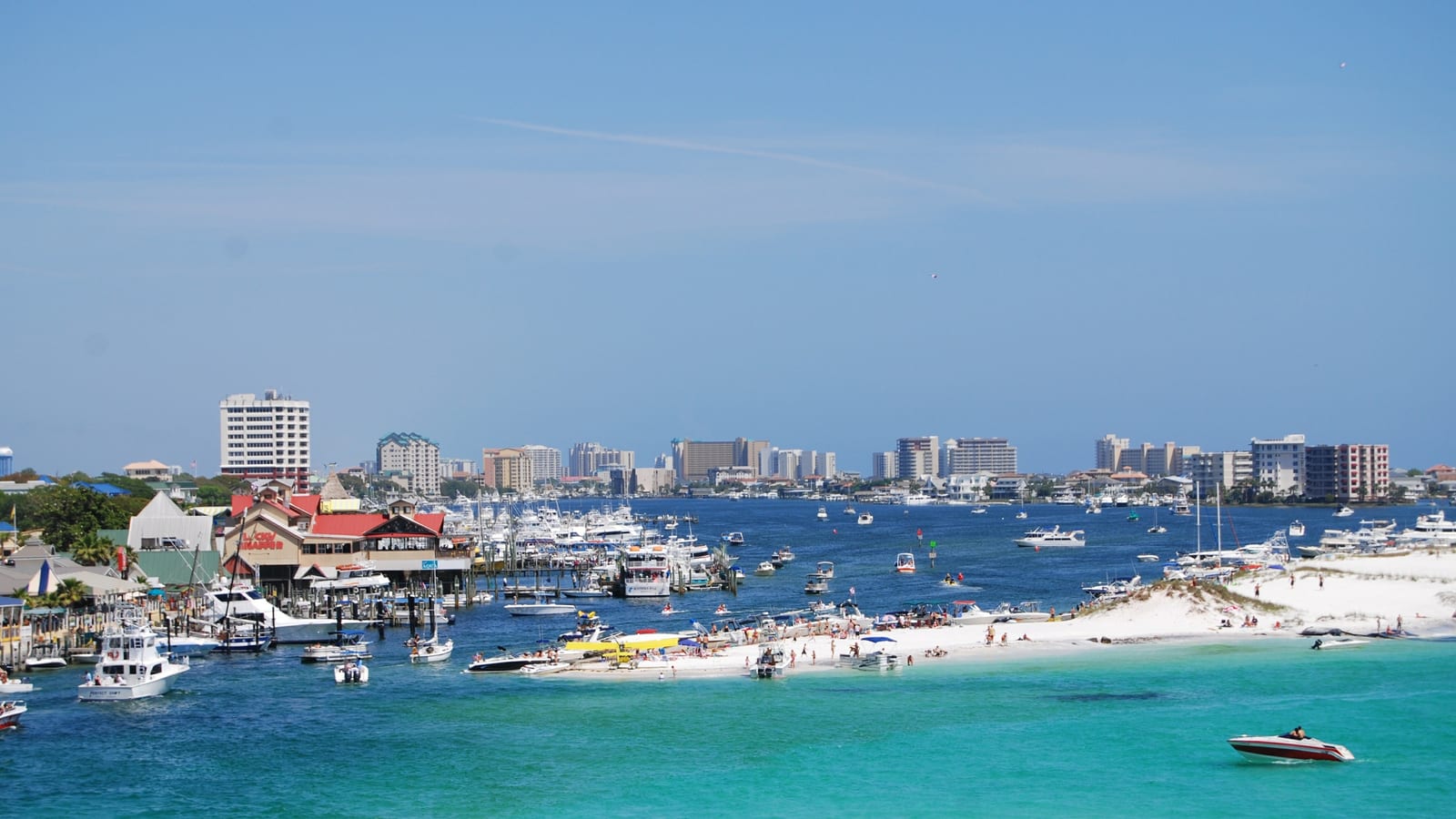 Destin Harbor and the emerald-green Gulf of Mexico in Destin, Florida