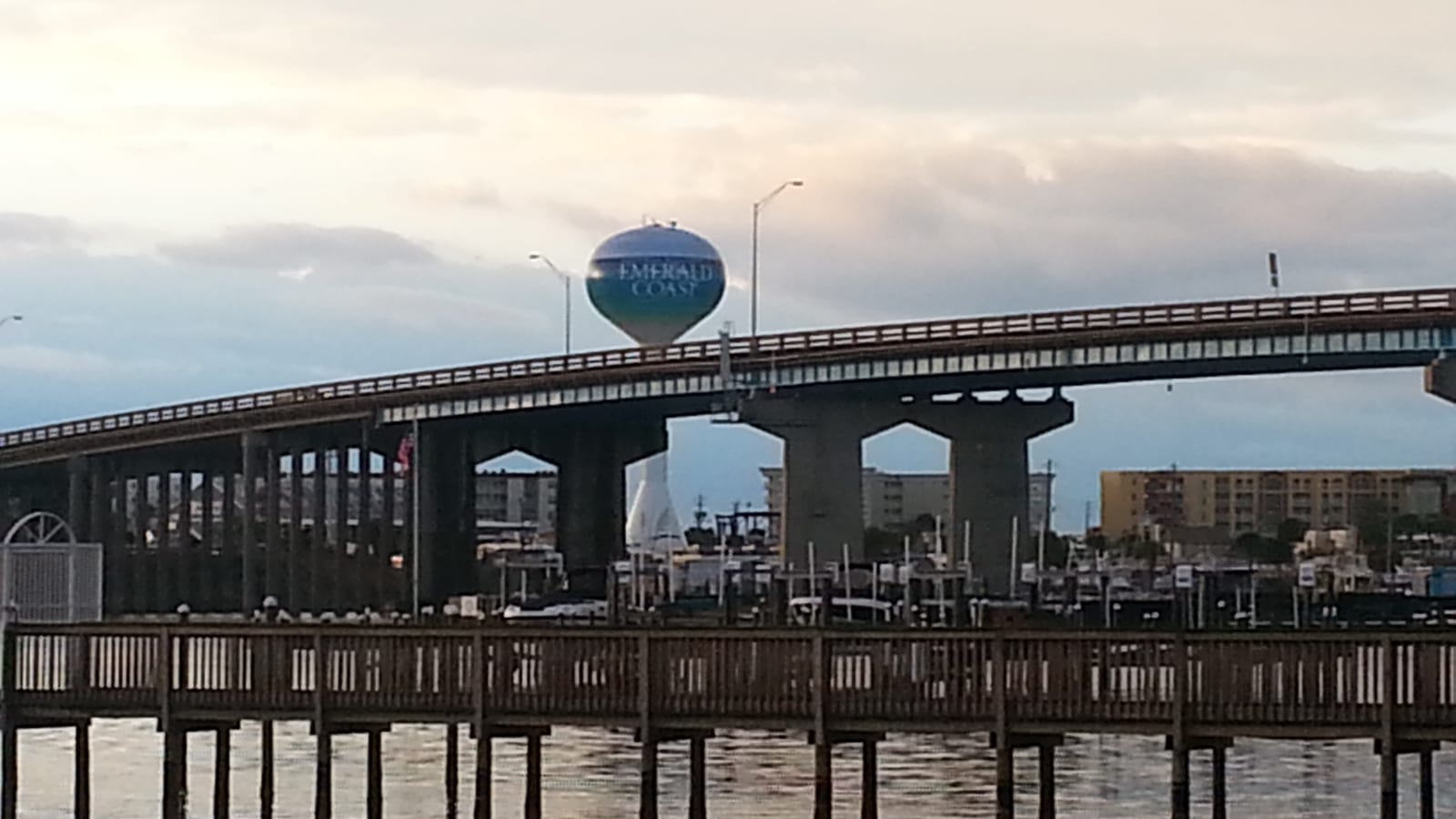 The Brooks Bridge and Emerald Coast water tower at dawn in Fort Walton Beach