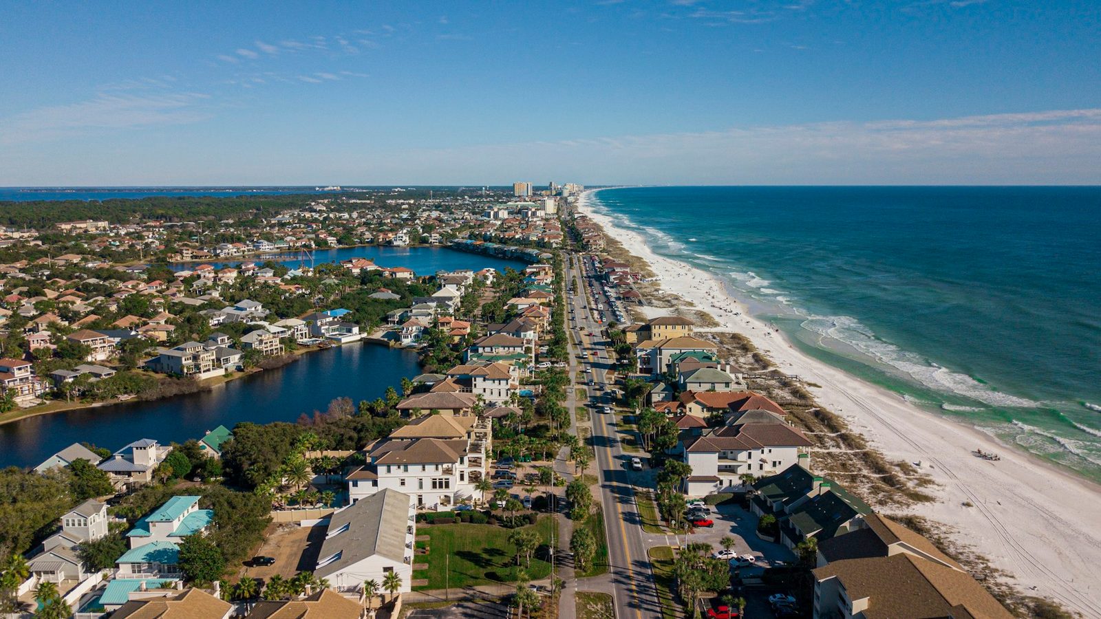 Aerial view of the Destin, Florida coastline with condos along the white-sand Gulf beach