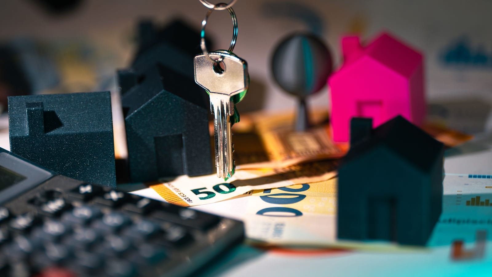 A model house, a calculator, a house key, banknotes, coins and a magnifying glass arranged on a desk representing real estate financing and mortgage calculations